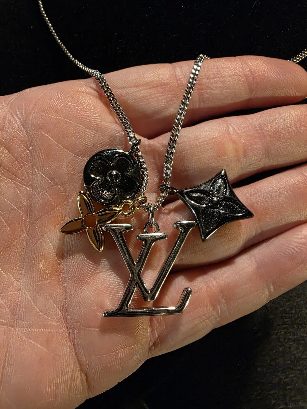 USED...UPCYCLED LV Silver Charm Necklace with Mixed Charms - Silver